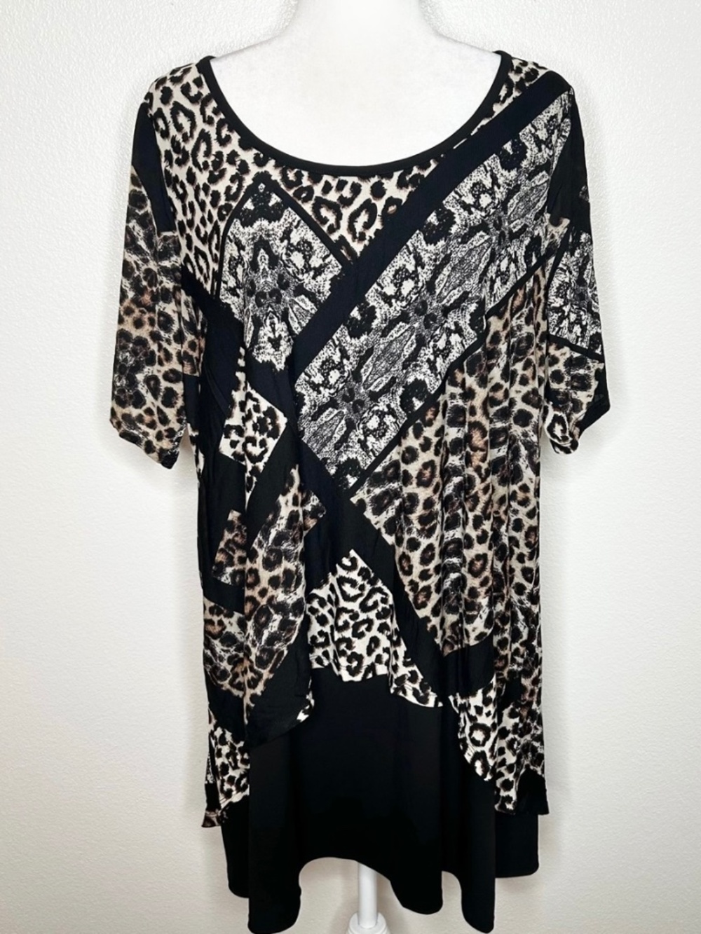 Style & Co Womens Beige & Black Animal Print Shirt Sleeve Tunic Top Plus Size 2X